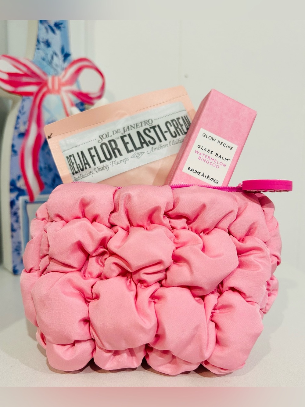 Sephora Pink Puffy Cosmetic Bag, Glow Recipe Glass Balm and Sol De Janeiro